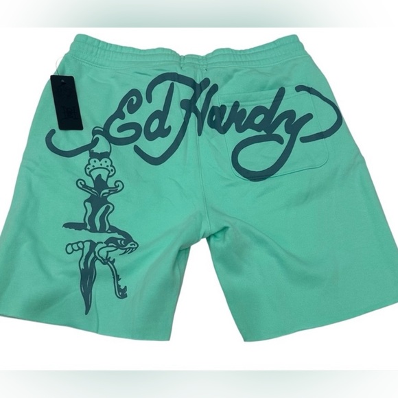 Ed Hardy Men's Flame Skull Sweat Shorts Mint Color Size L NWT - Picture 2 of 4